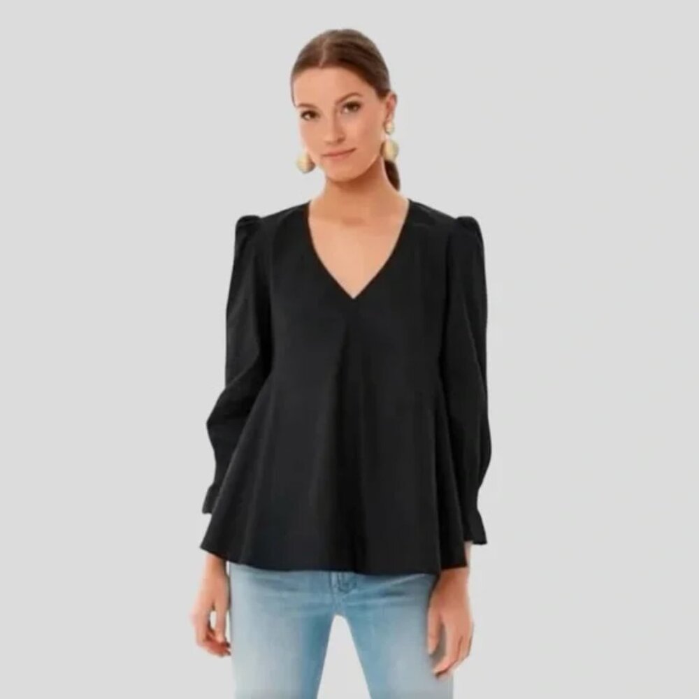 Tuckernuck Black V‑Neck Malachite Suede Easton peplum Blouse